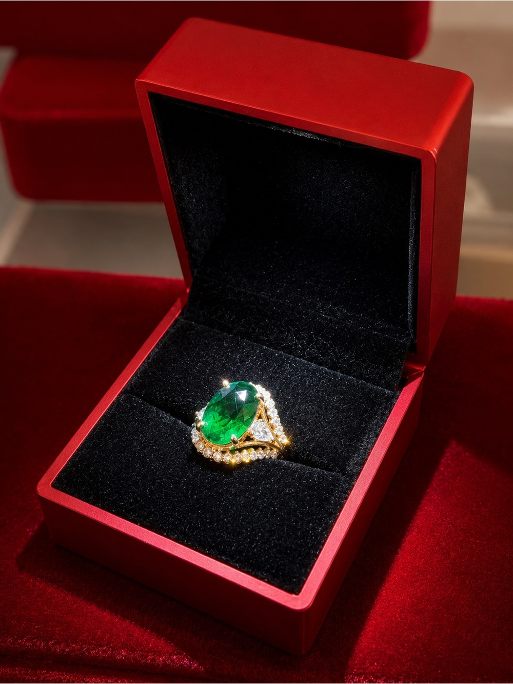18k Gold Plated Silver Ring with Emerald Green Oval Gem and Pavé Cubic Zirconias
